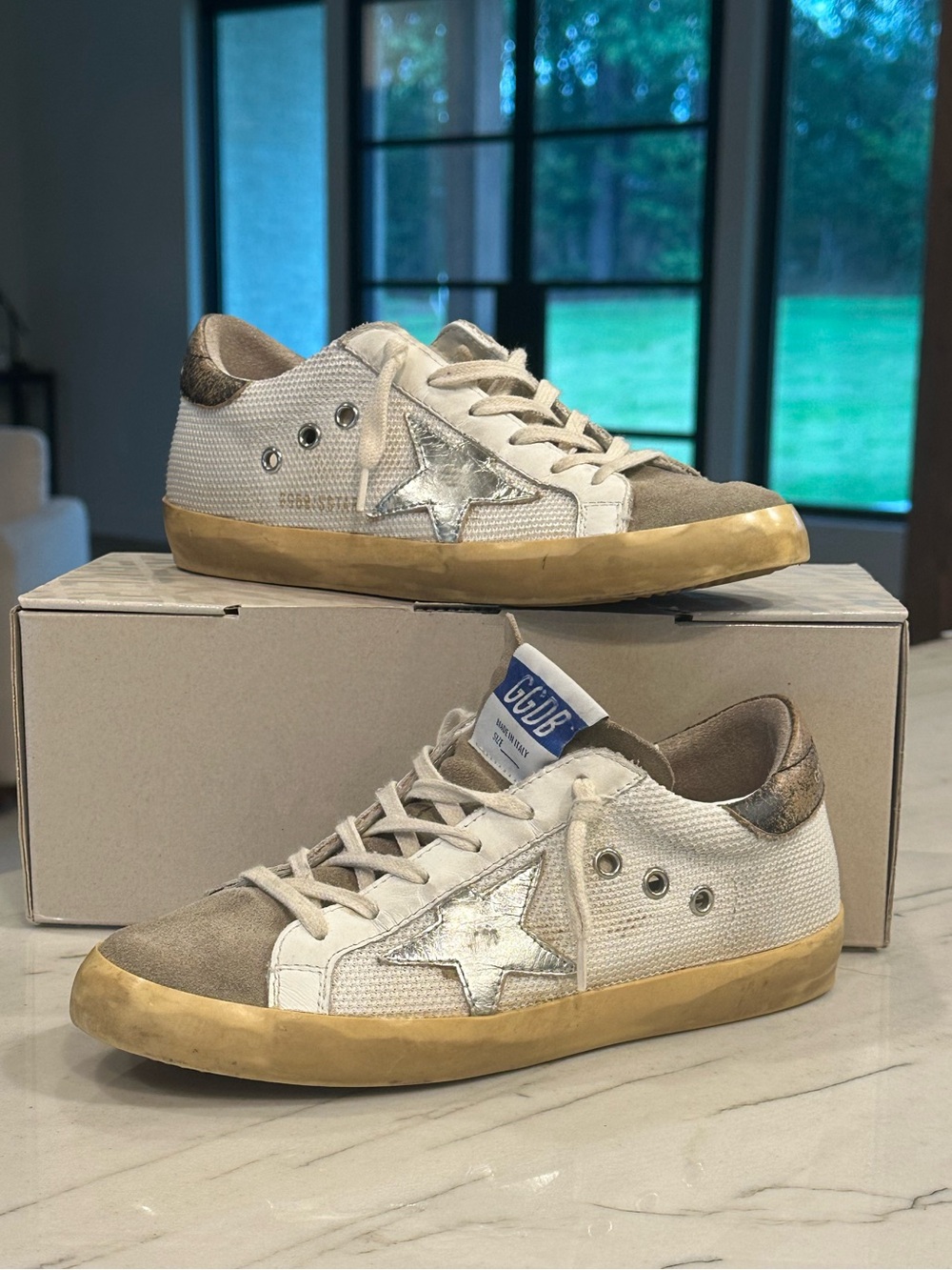 Golden Goose Super-Star Sneakers Size 37 White Silver Star Mesh Suede Toe + Box